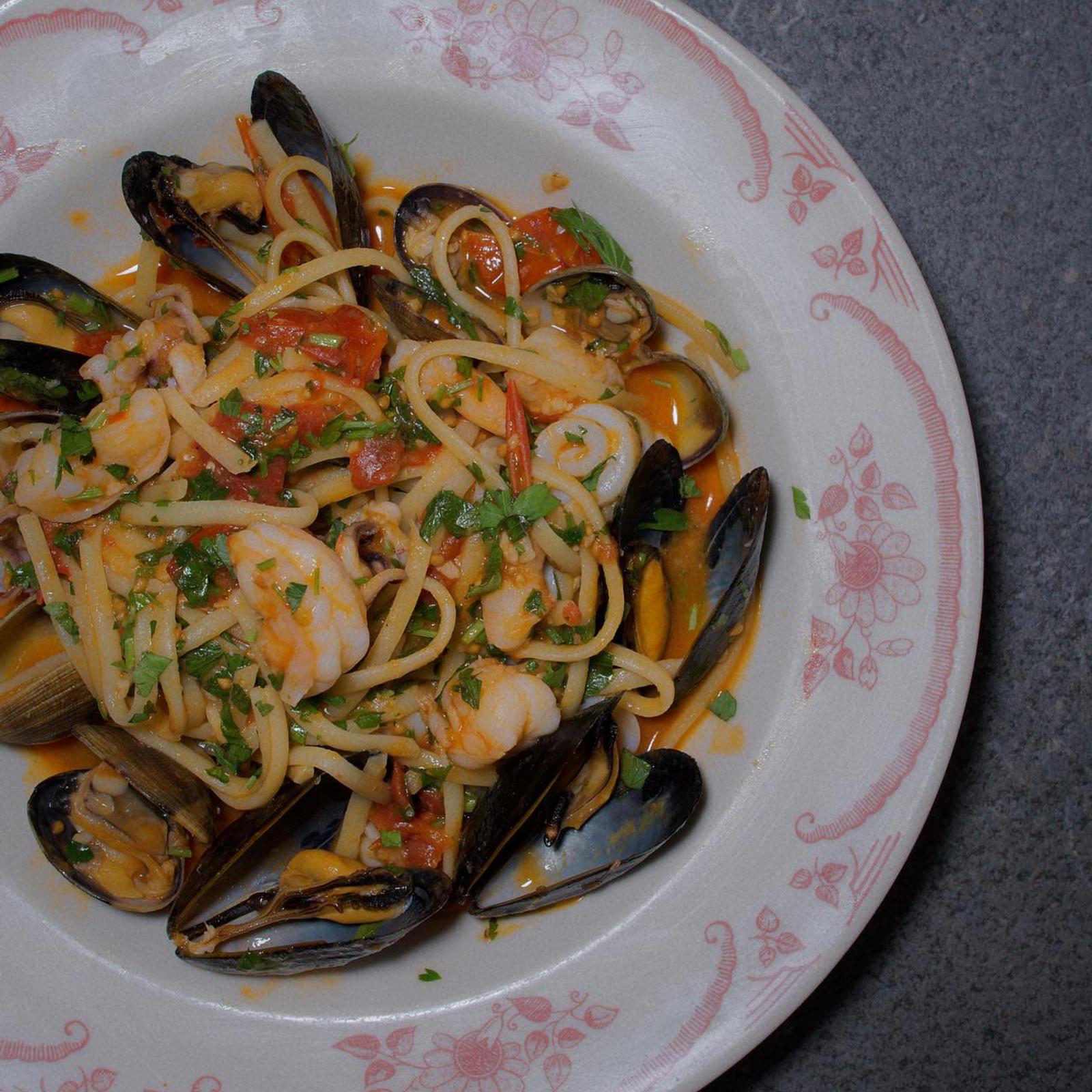 Seafood pasta with shellfish served at Civico 1845 Seafood pasta with shellfish served at Civico 1845